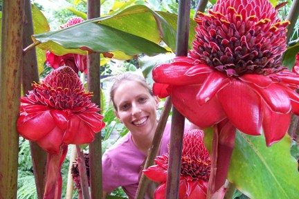 woman and giant flowers